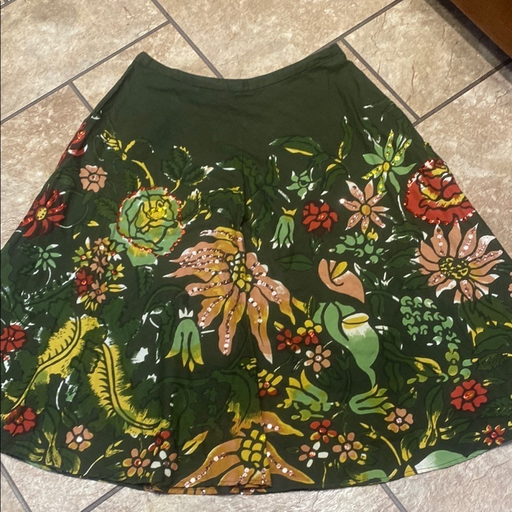 Embellished Green Boho A-Line Size 2 Midi Skirt for Casual Wear Fairycore